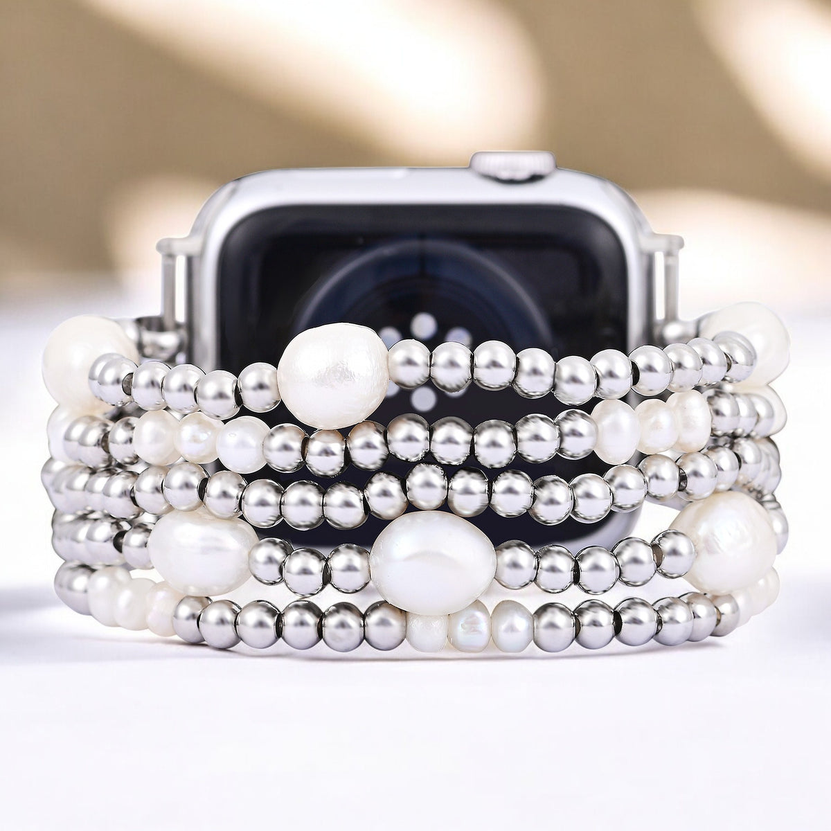 Pearl and Silver Stretch Apple Watch Strap