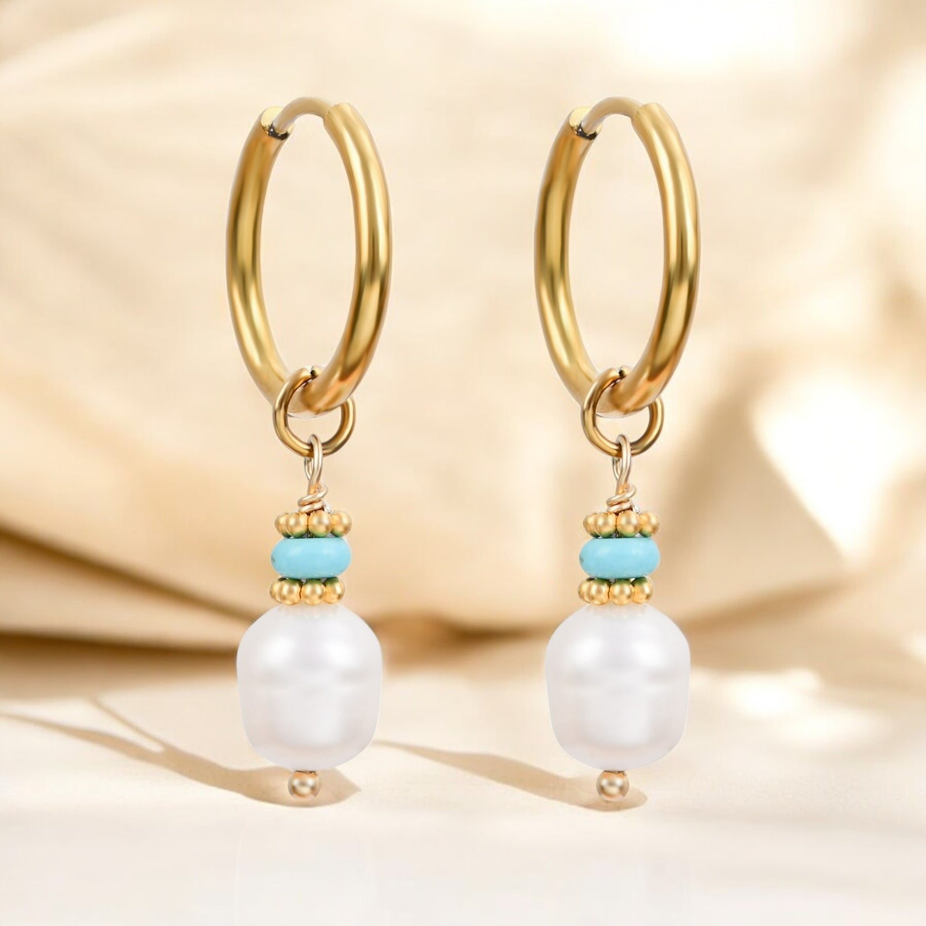 Golden Grace Pearl & Turquoise Agate Hoop Earrings