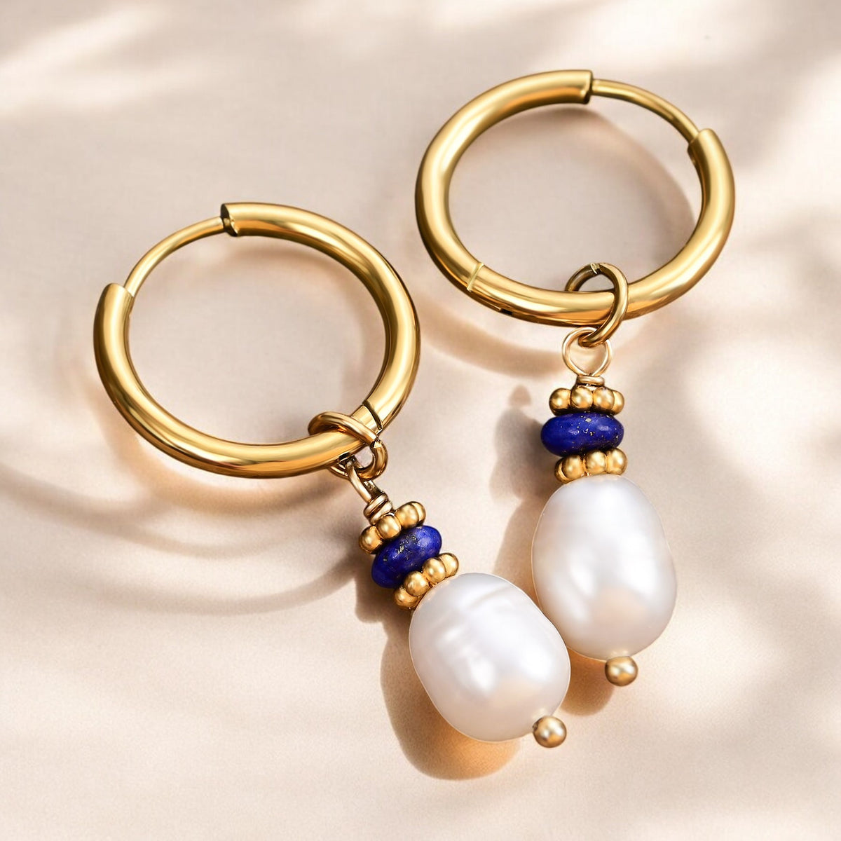 Golden Grace Pearl & Lapis Agate Hoop Earrings