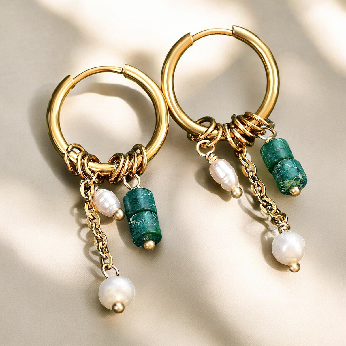 Golden Green Bloom Drop Hoop Earrings