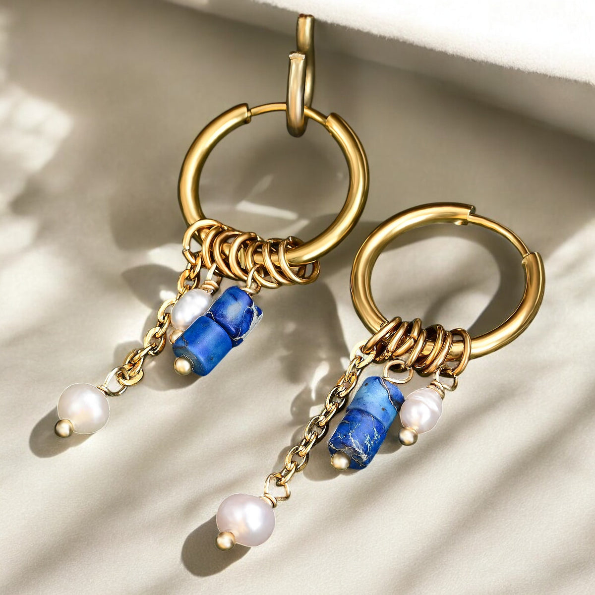 Golden Lapis Bloom Drop Hoop Earrings