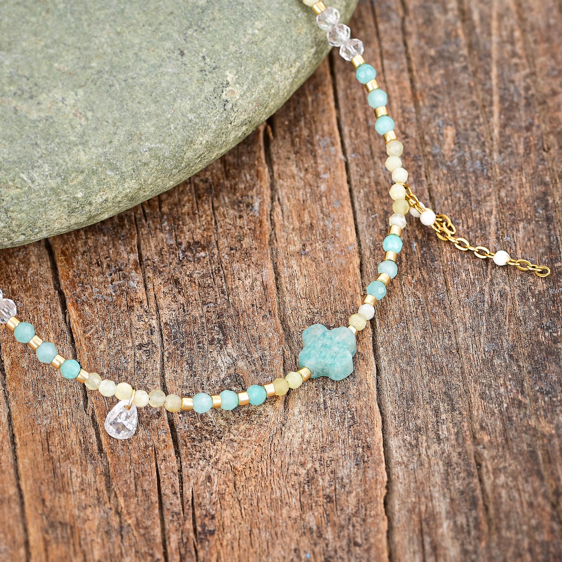 Teal Amazonite Clover Charm Anklet