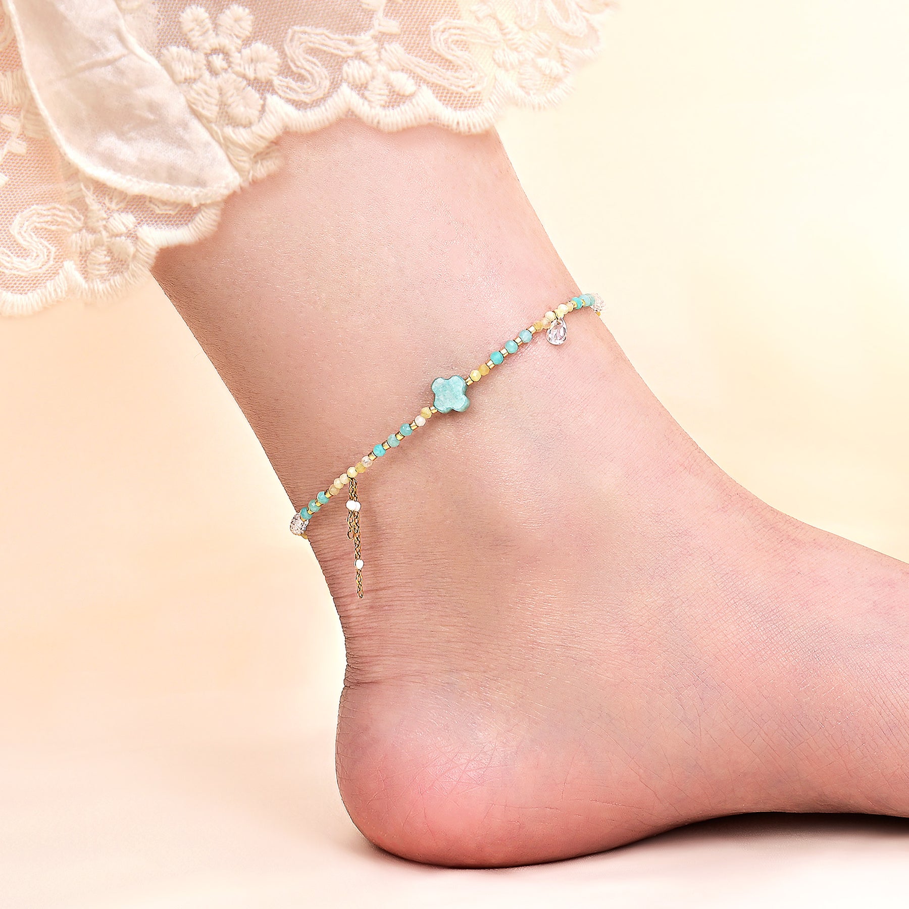 Teal Amazonite Clover Charm Anklet