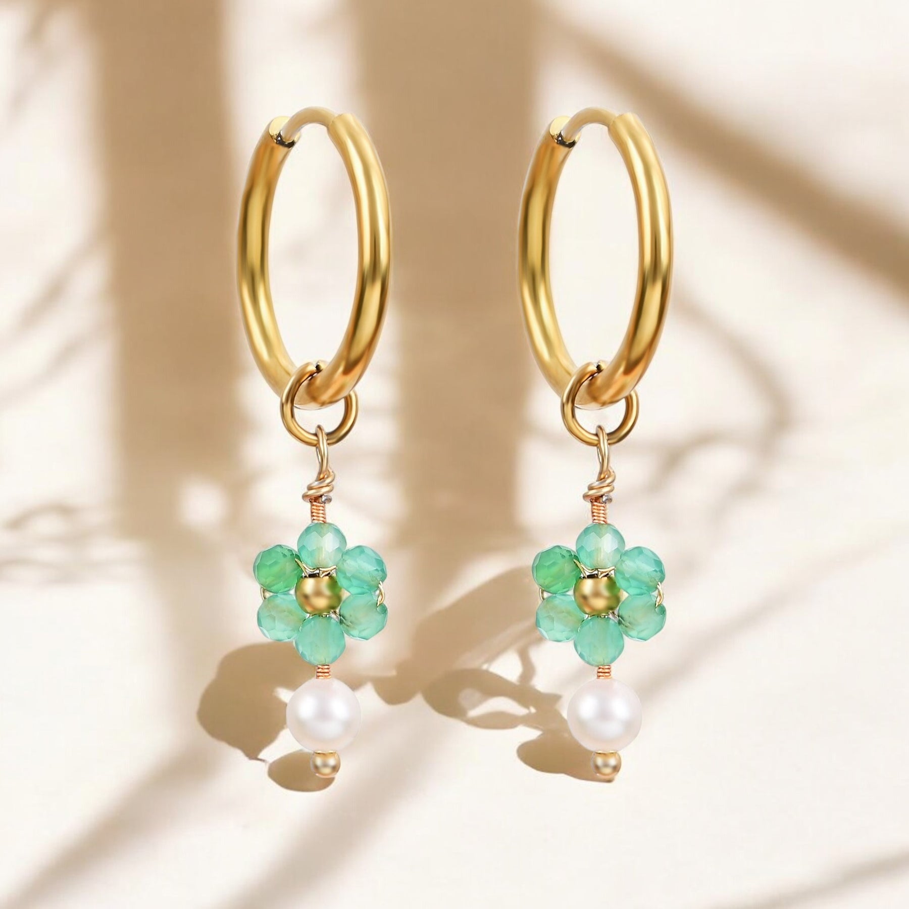 Green Blossom Pearl Hoop Earrings