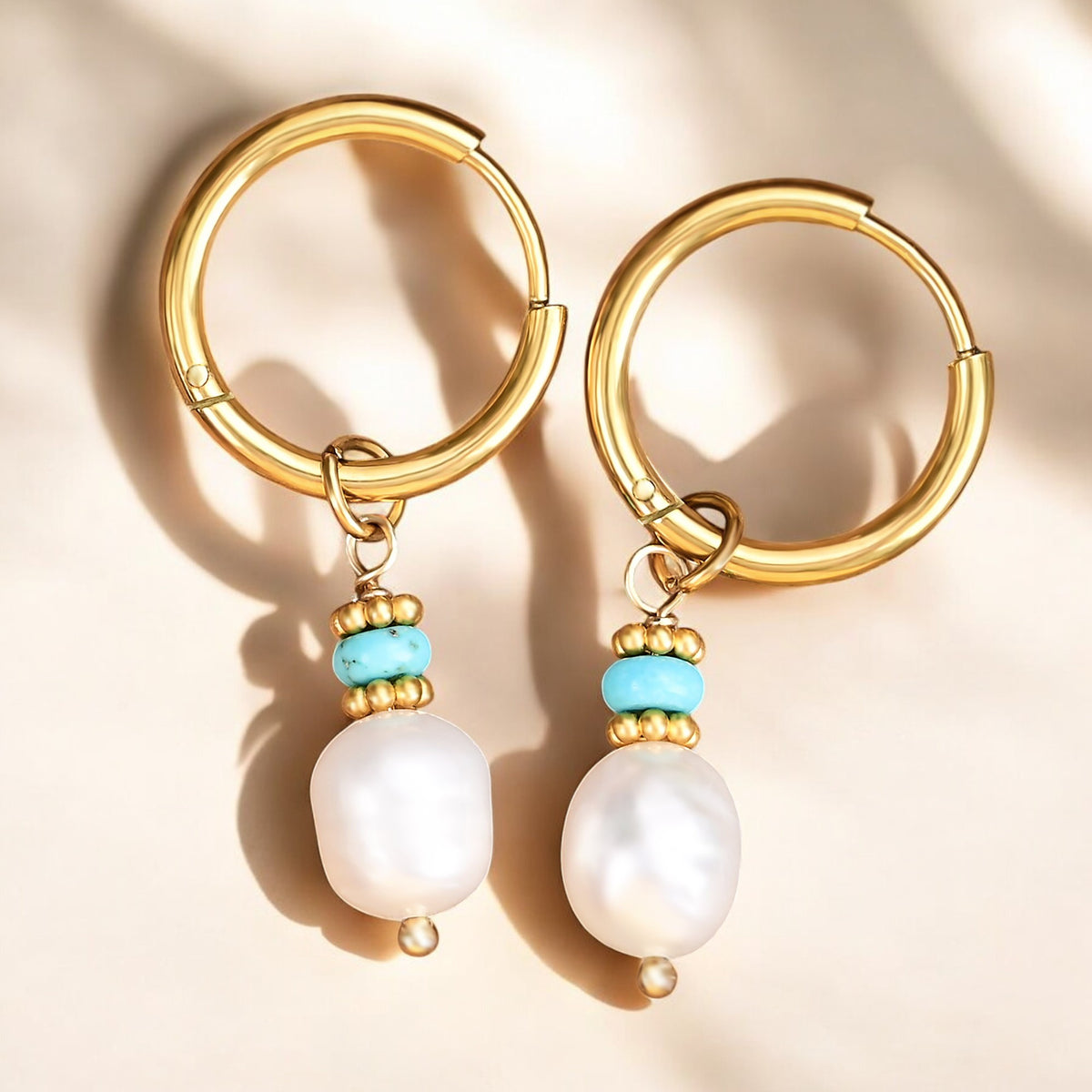 Golden Grace Pearl & Turquoise Agate Hoop Earrings