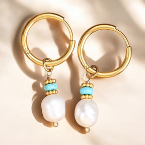 Golden Grace Pearl & Turquoise Agate Hoop Earrings