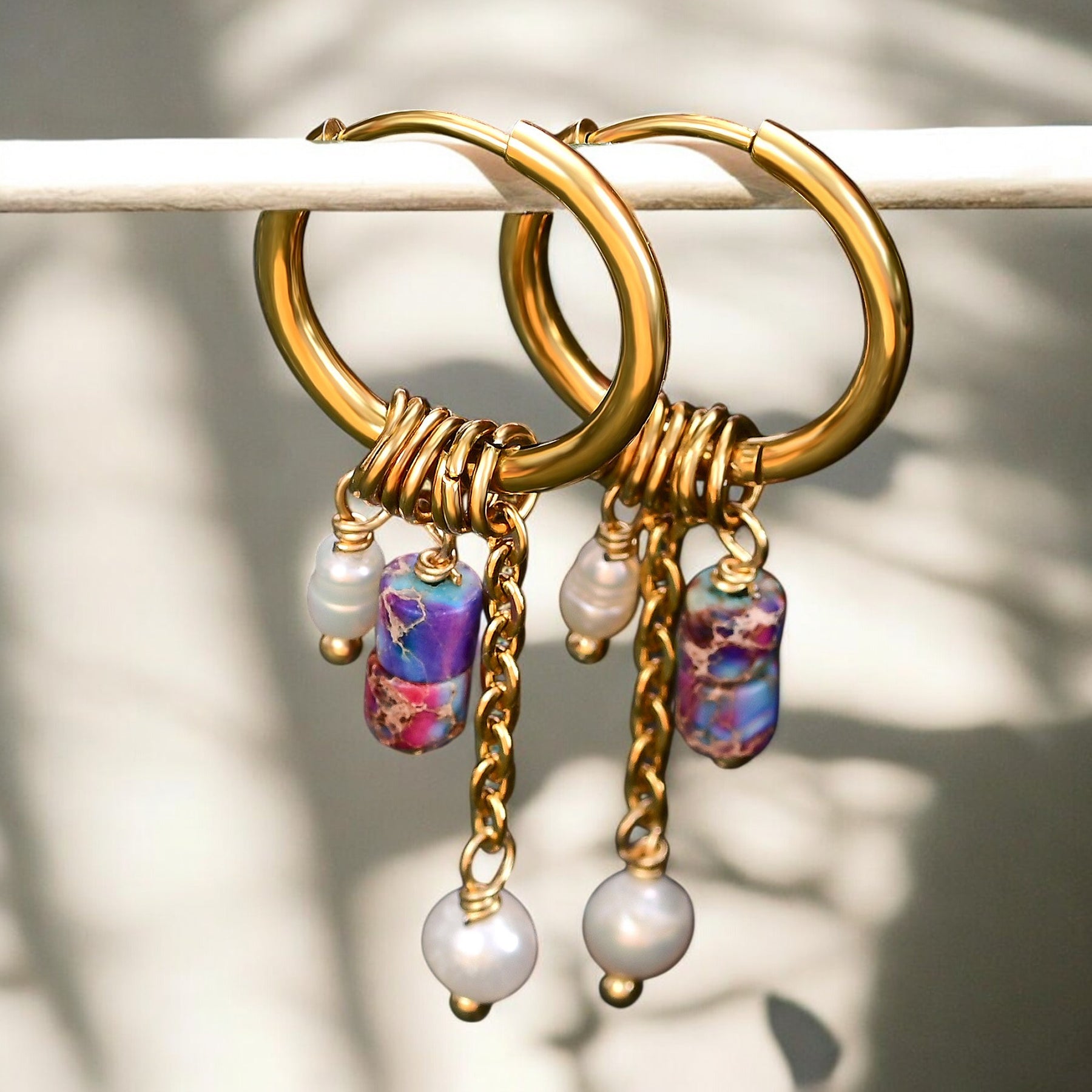 Golden Amethyst Bloom Drop Hoop Earrings