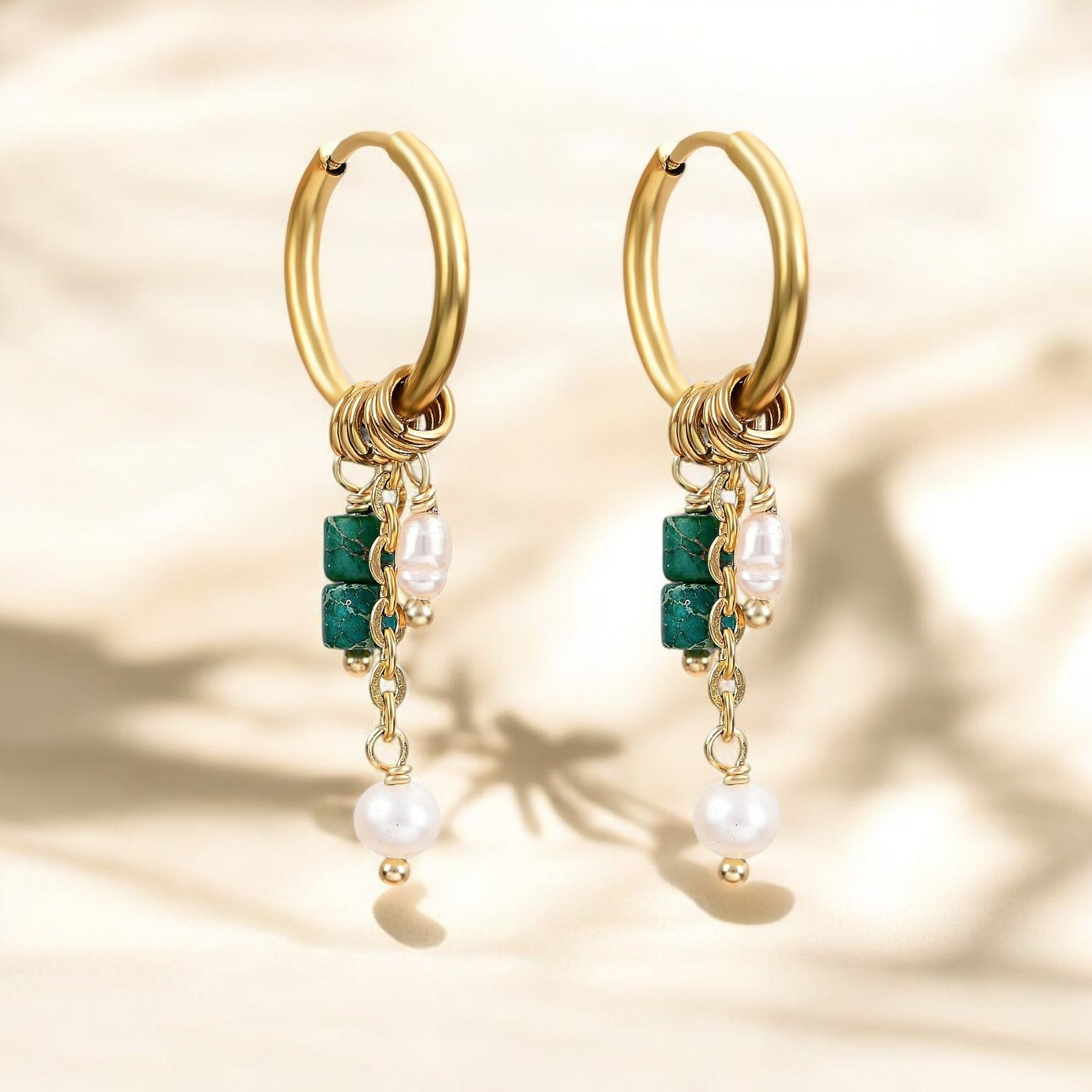 Golden Green Bloom Drop Hoop Earrings