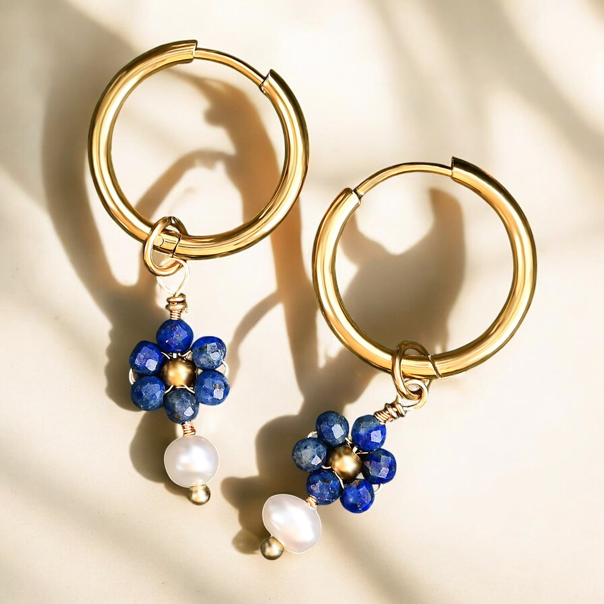 Lapis Blossom Pearl Hoop Earrings