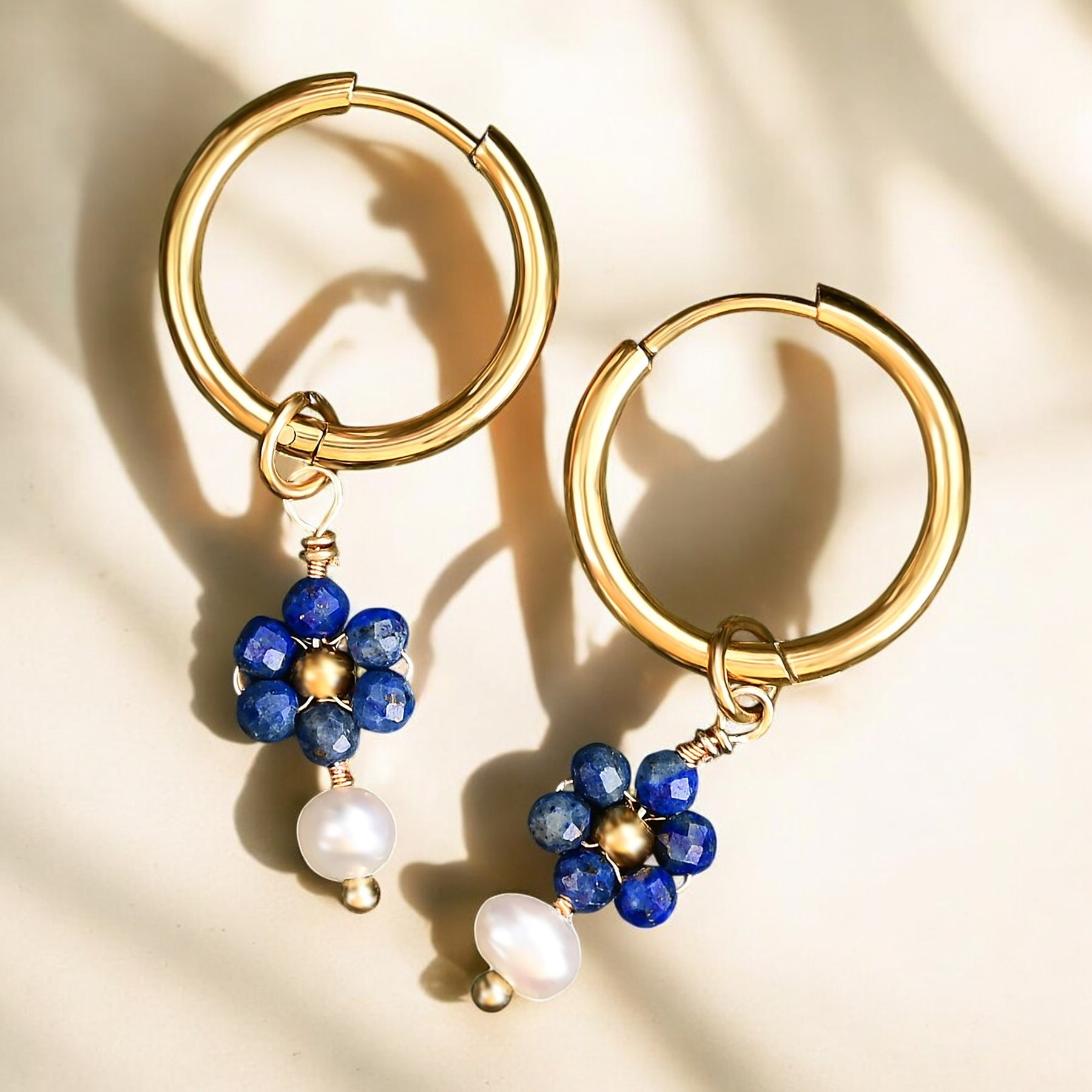 Lapis Blossom Pearl Hoop Earrings