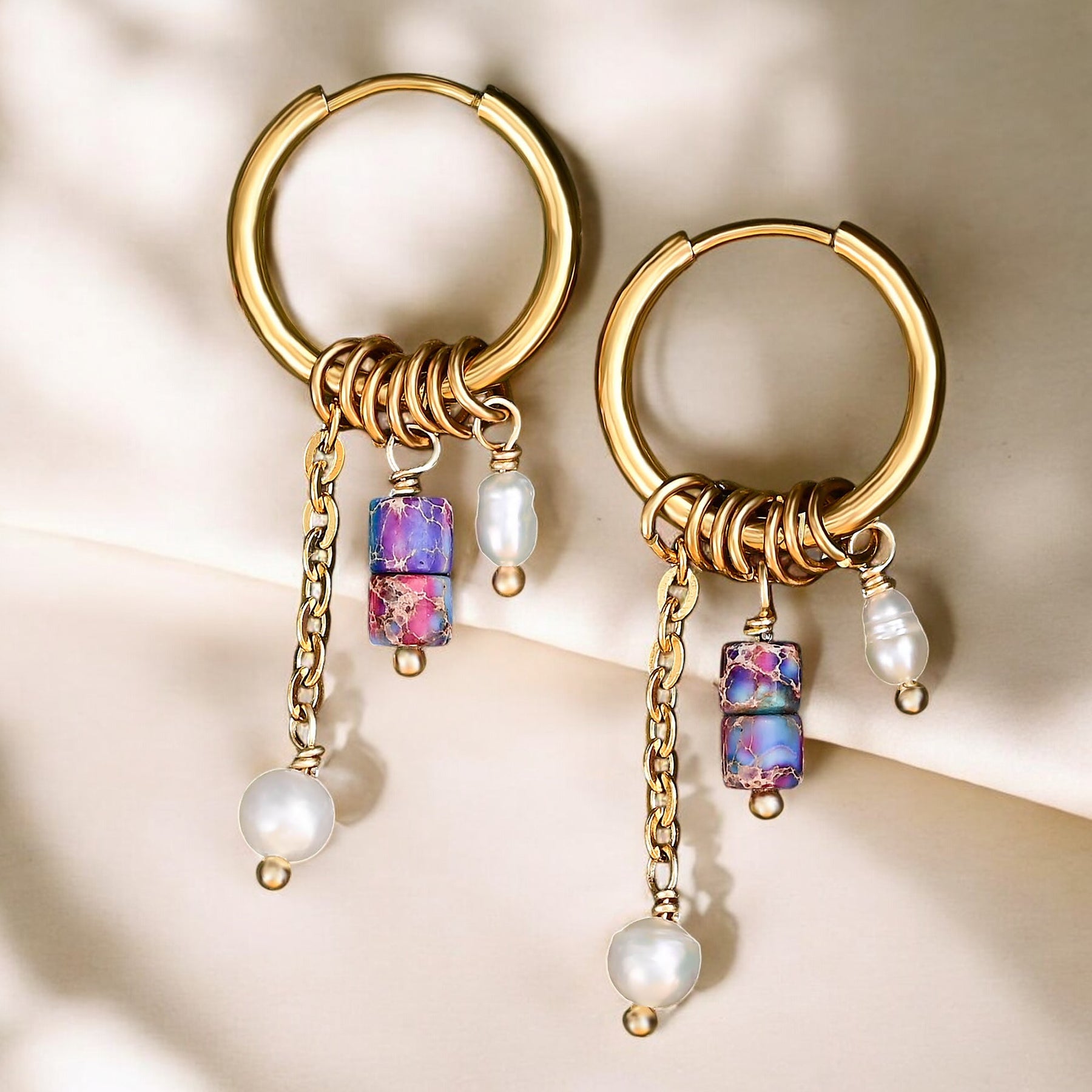 Golden Amethyst Bloom Drop Hoop Earrings
