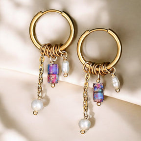 Golden Amethyst Bloom Drop Hoop Earrings