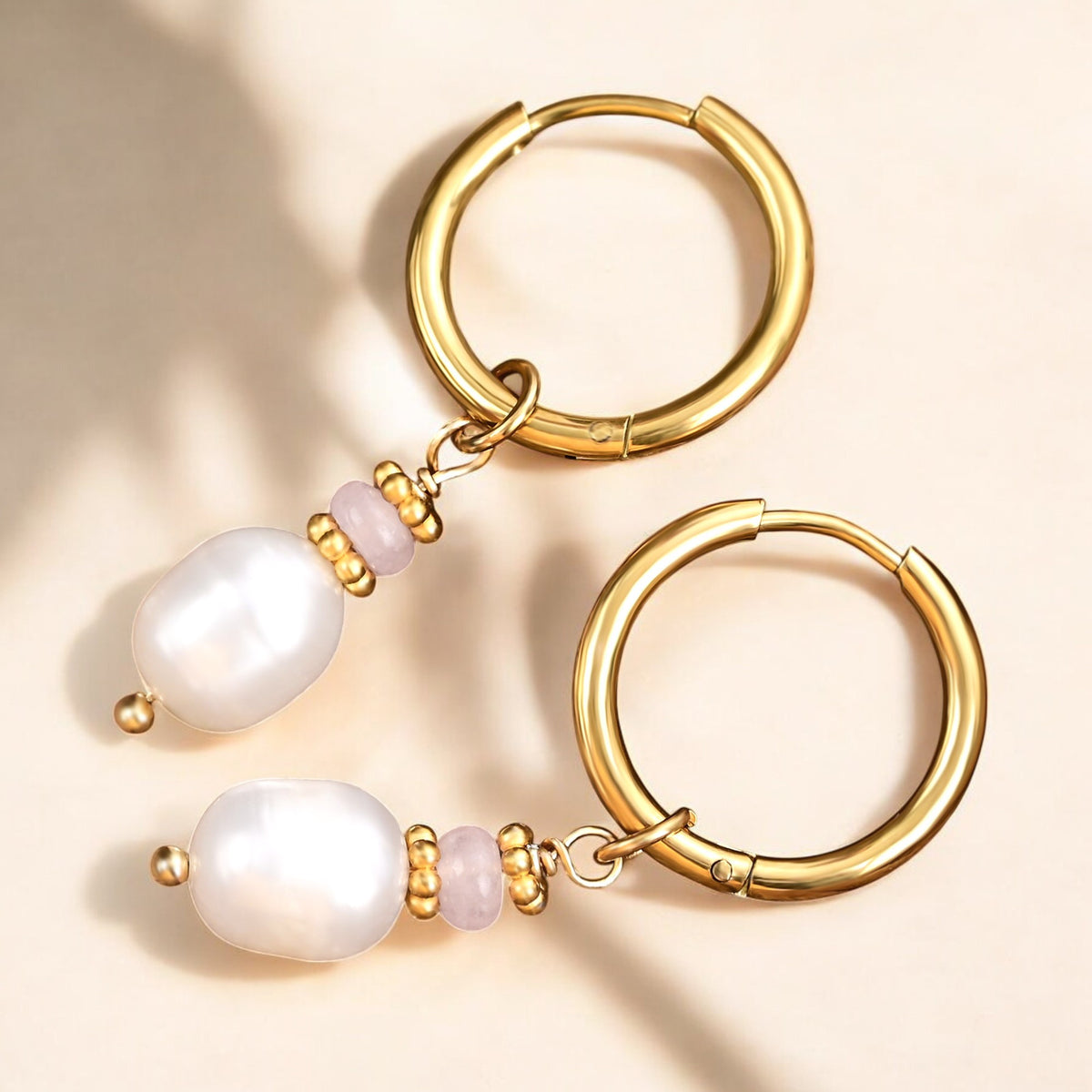 Golden Grace Pearl & Rose Agate Hoop Earrings