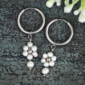 Silver Pearl Blossom Hoop Earrings