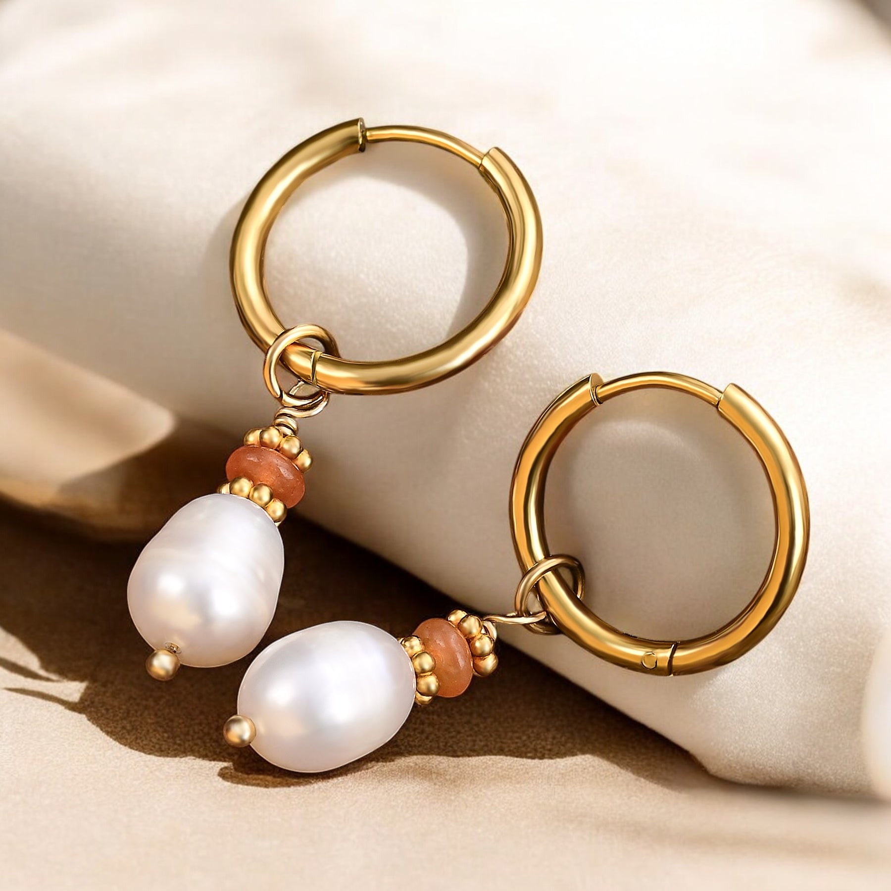 Golden Grace Pearl & Aventurine Agate Hoop Earrings