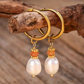 Golden Grace Pearl & Aventurine Agate Hoop Earrings