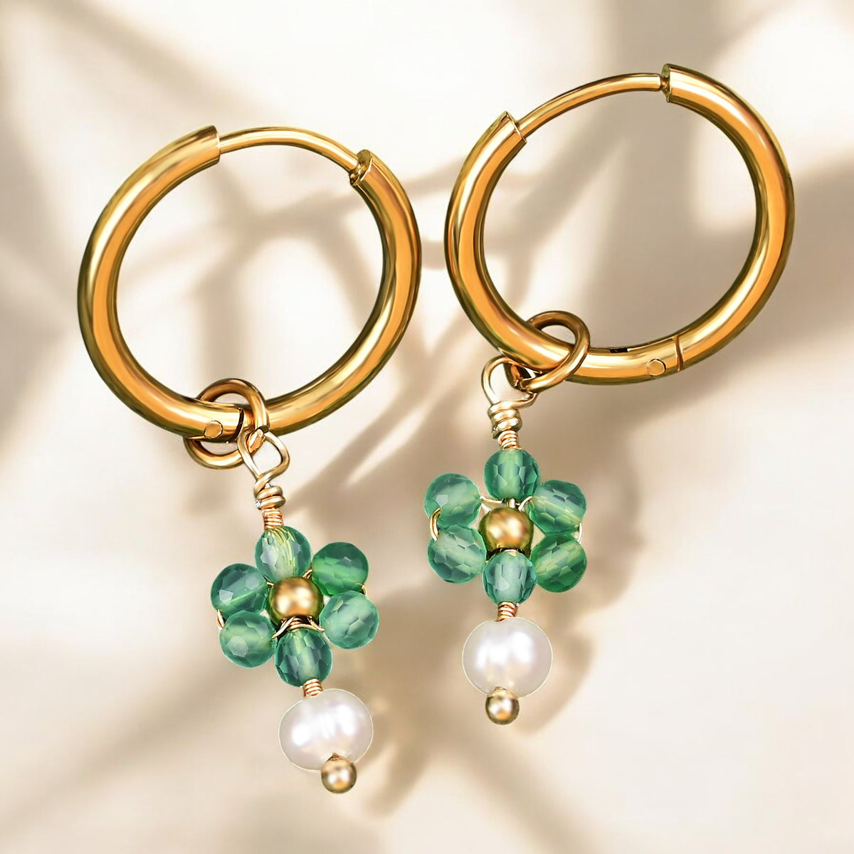 Green Blossom Pearl Hoop Earrings