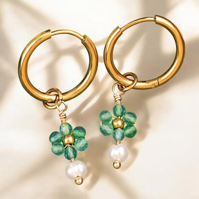 Green Blossom Pearl Hoop Earrings