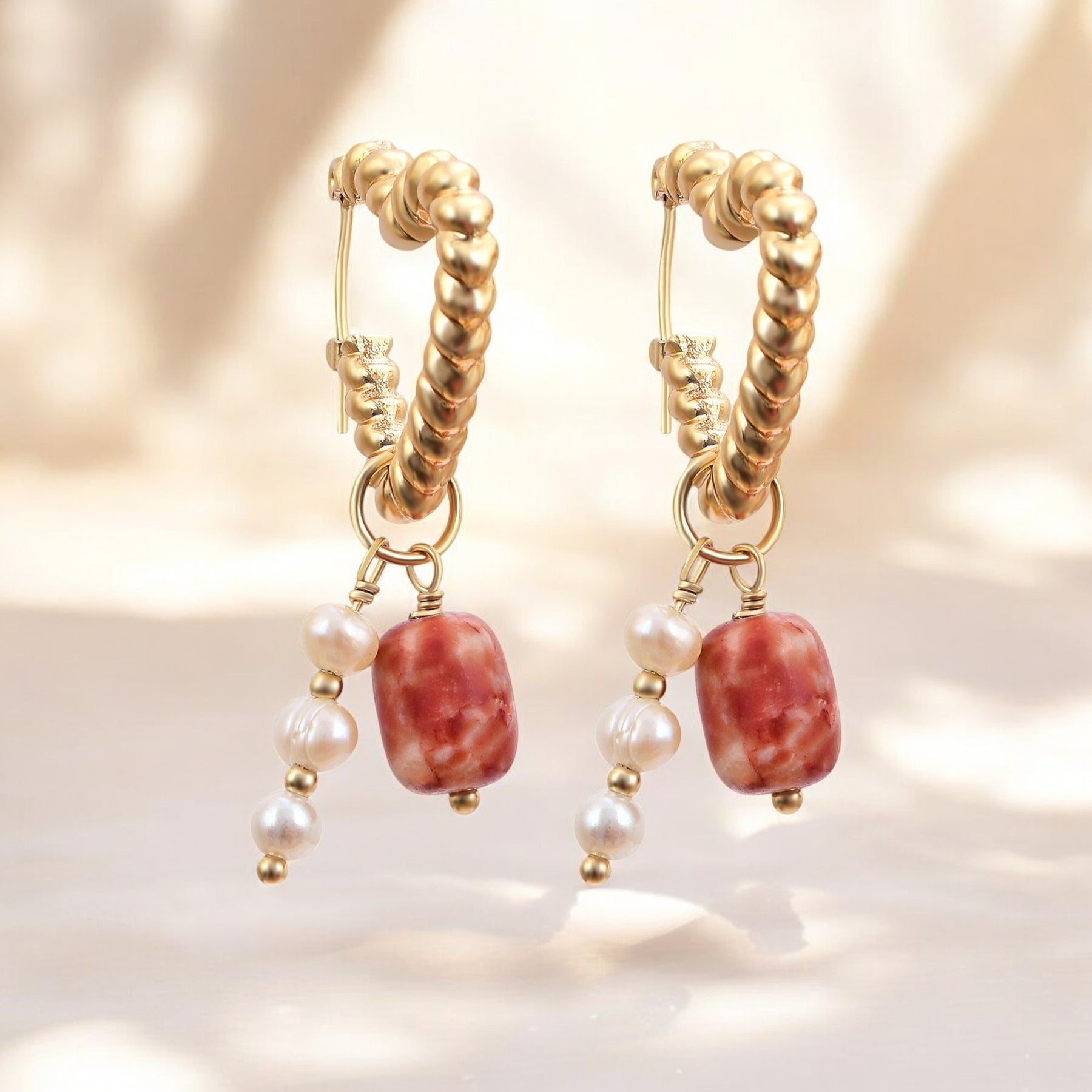 Heart Pearl & Agate Charm Hoop Earrings