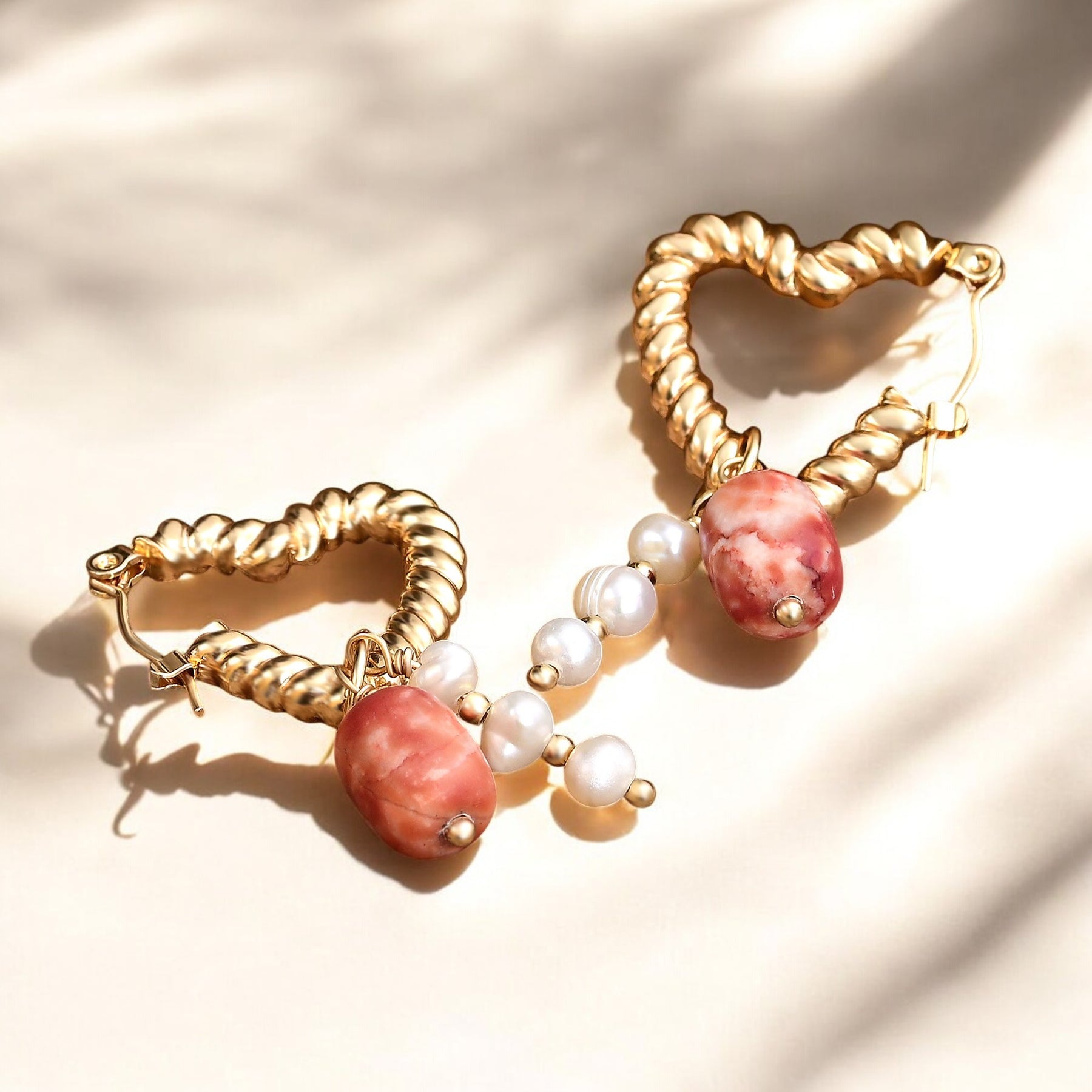 Heart Pearl & Agate Charm Hoop Earrings