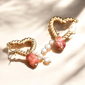 Heart Pearl & Agate Charm Hoop Earrings