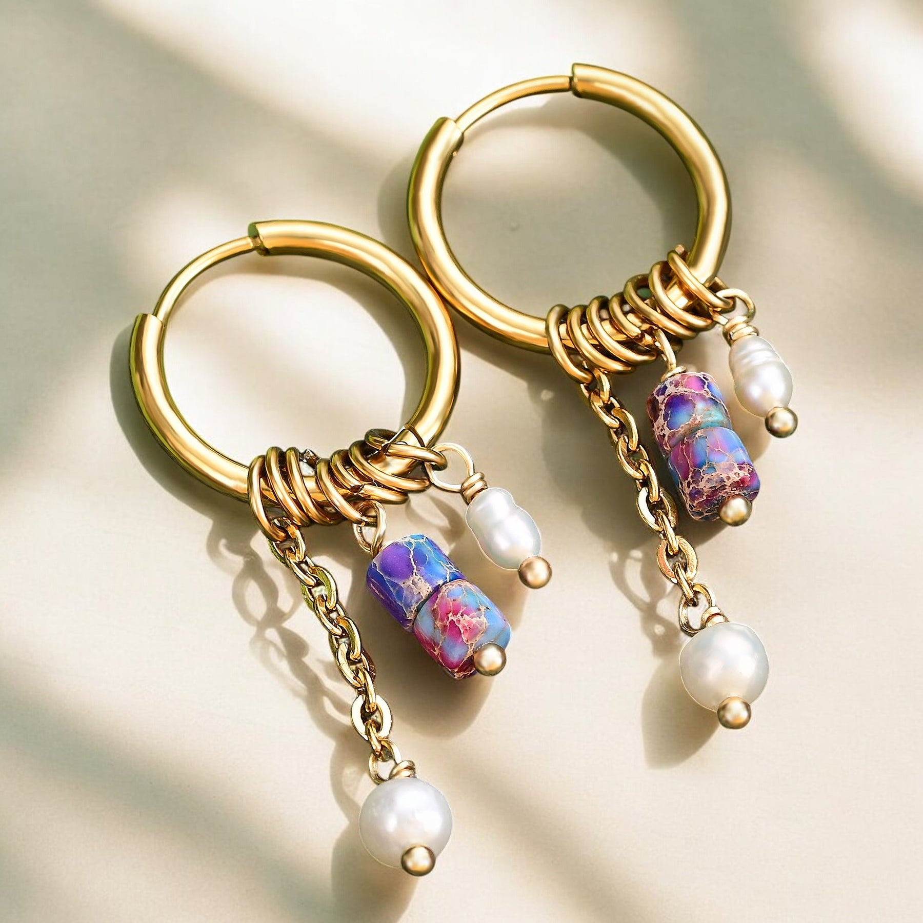 Golden Amethyst Bloom Drop Hoop Earrings