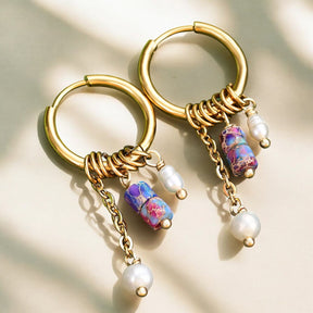 Golden Amethyst Bloom Drop Hoop Earrings