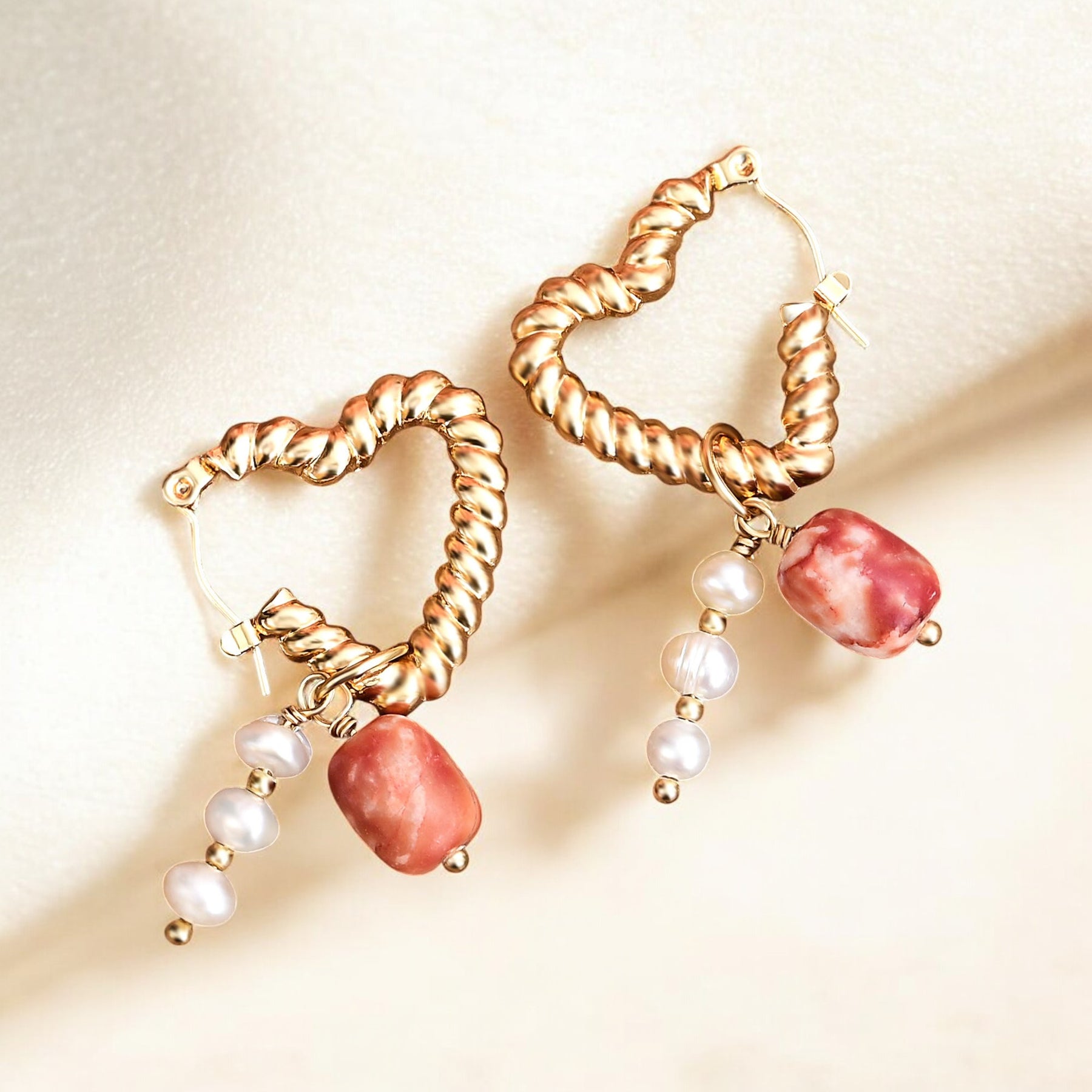 Heart Pearl & Agate Charm Hoop Earrings