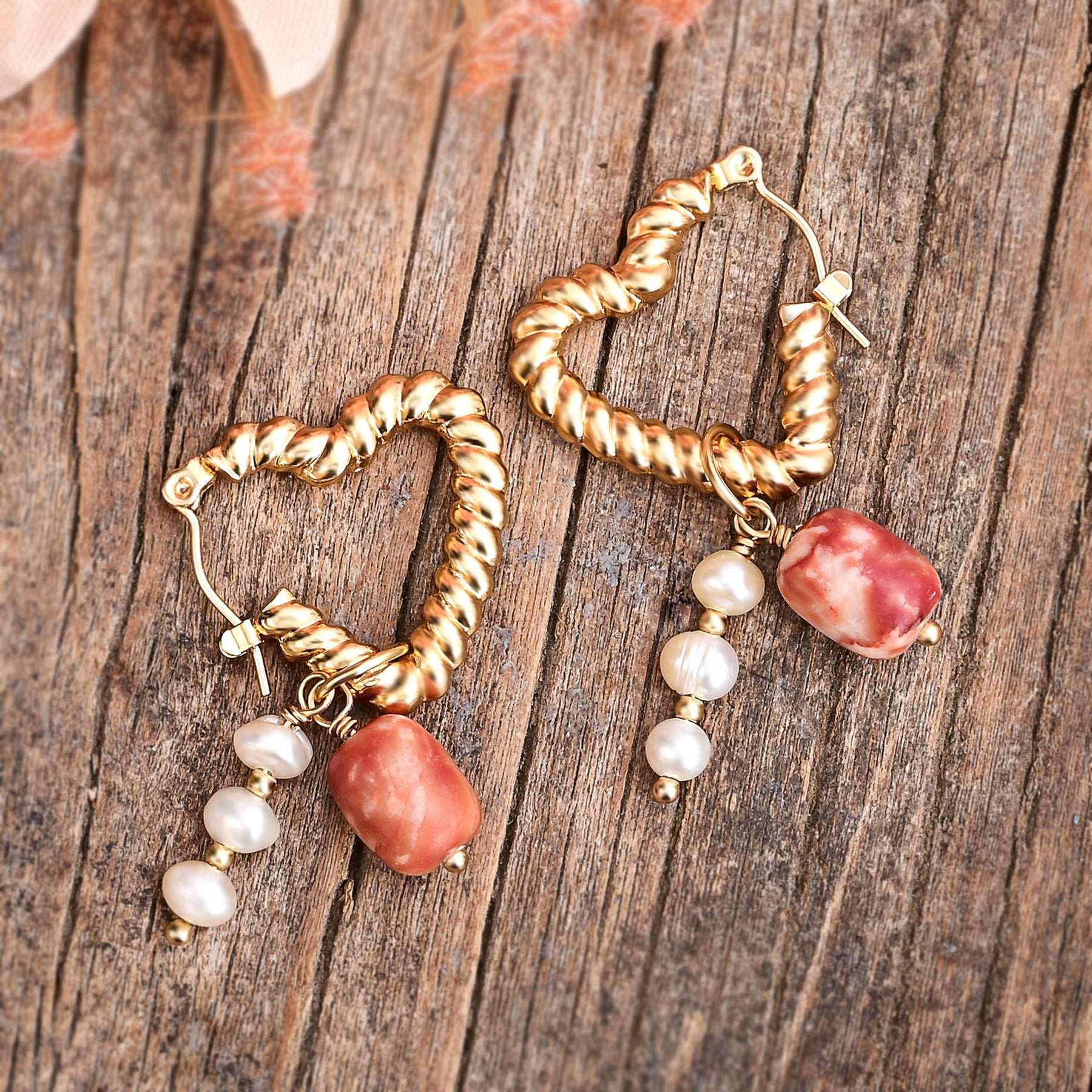 Heart Pearl & Agate Charm Hoop Earrings