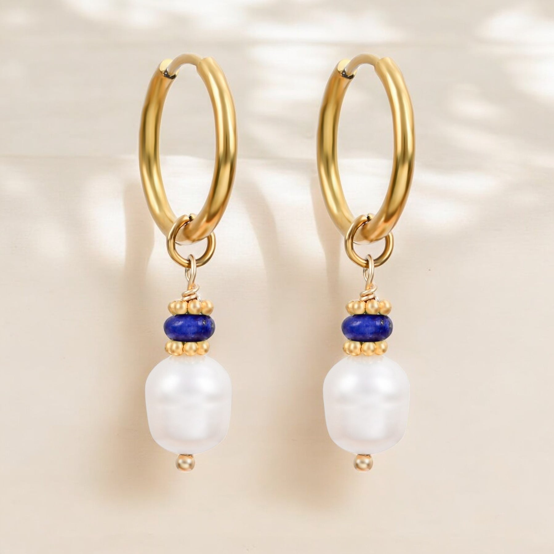 Golden Grace Pearl & Lapis Agate Hoop Earrings