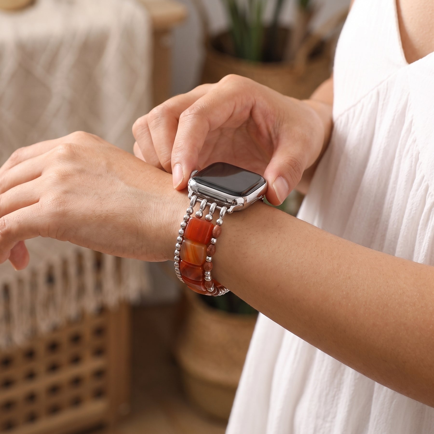 Golden Hour Agate Stretch Apple Watch Strap Silver